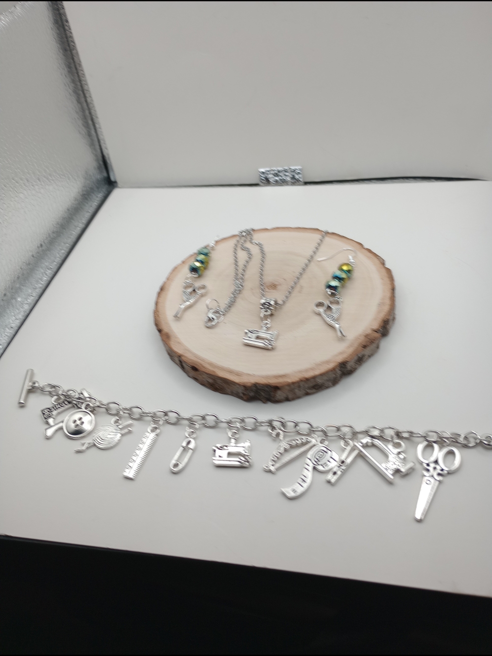 Silver Sewing Charm Bracelet and Earrings Set - Green Bead Accents